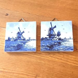 Delft Blue Hand Painted Hanging Tile 1 7/8" Set of 2 *Crazing Small chip…